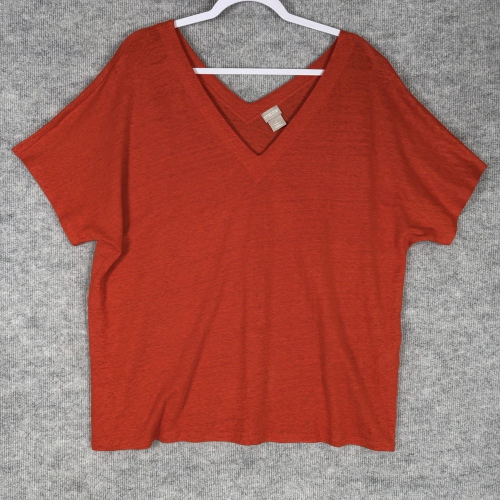 Chicos Size-3 Womens Top Ladies Orange 100% Linen Tunic Short Sleeve